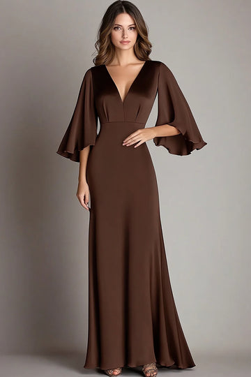 Coffee Satin V Neck Sheath 3/4 Sleeves Formal Dress
